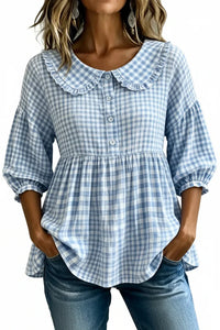 Blue and white gingham blouse with ruffled collar, button front, and puff sleeves for women