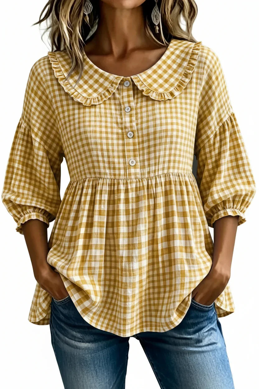 Yellow gingham blouse with ruffled collar, button front, and puff sleeves for women