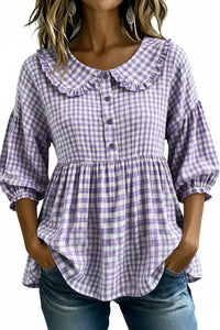 Purple and white gingham blouse with ruffled collar and puff sleeves for women