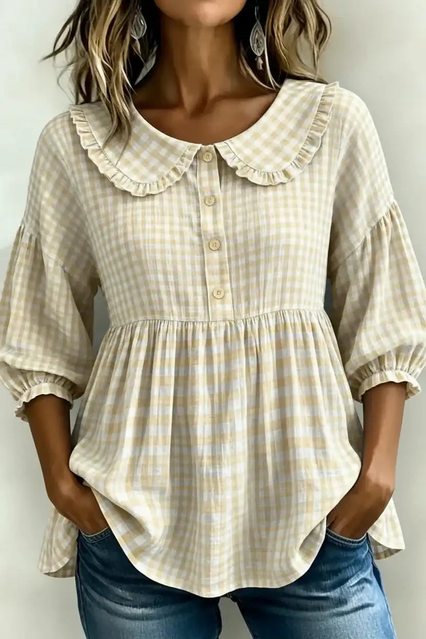 Beige gingham blouse with ruffled Peter Pan collar, button front, and puff sleeves for women