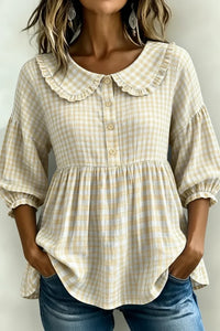 Beige gingham blouse with ruffled Peter Pan collar, button front, and puff sleeves for women