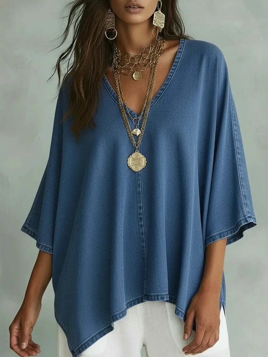 New Arrivals🔥Women's Relaxed Fit Chambray V-Neck Blouse