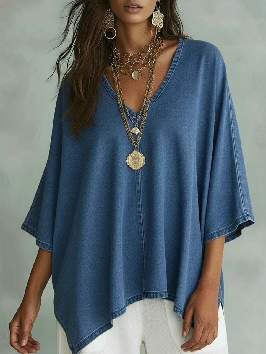 New Arrivals🔥Women's Relaxed Fit Chambray V-Neck Blouse