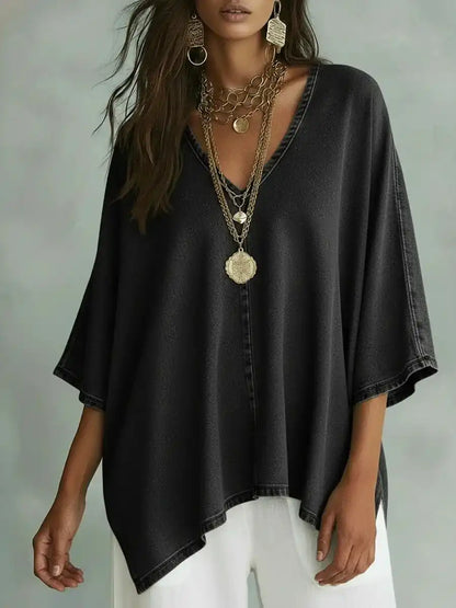 Women's Relaxed Fit Chambray V-Neck Blouse