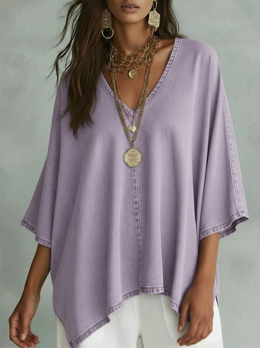 New Arrivals🔥Women's Relaxed Fit Chambray V-Neck Blouse