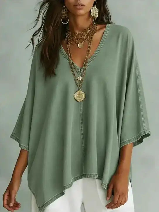 Women's Relaxed Fit Chambray V-Neck Blouse