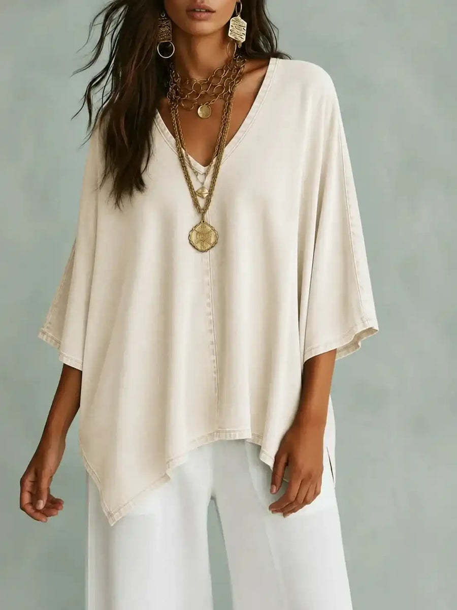 New Arrivals🔥Women's Relaxed Fit Chambray V-Neck Blouse