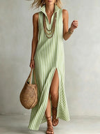Stylish Classic Striped Stand-collar Cotton-linen Maxi Dress