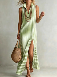 Stylish Classic Striped Stand-collar Cotton-linen Maxi Dress