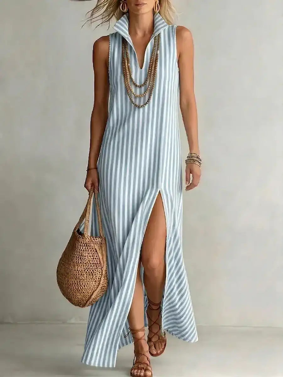Stylish Classic Striped Stand-Collar Cotton-Linen Maxi Dress