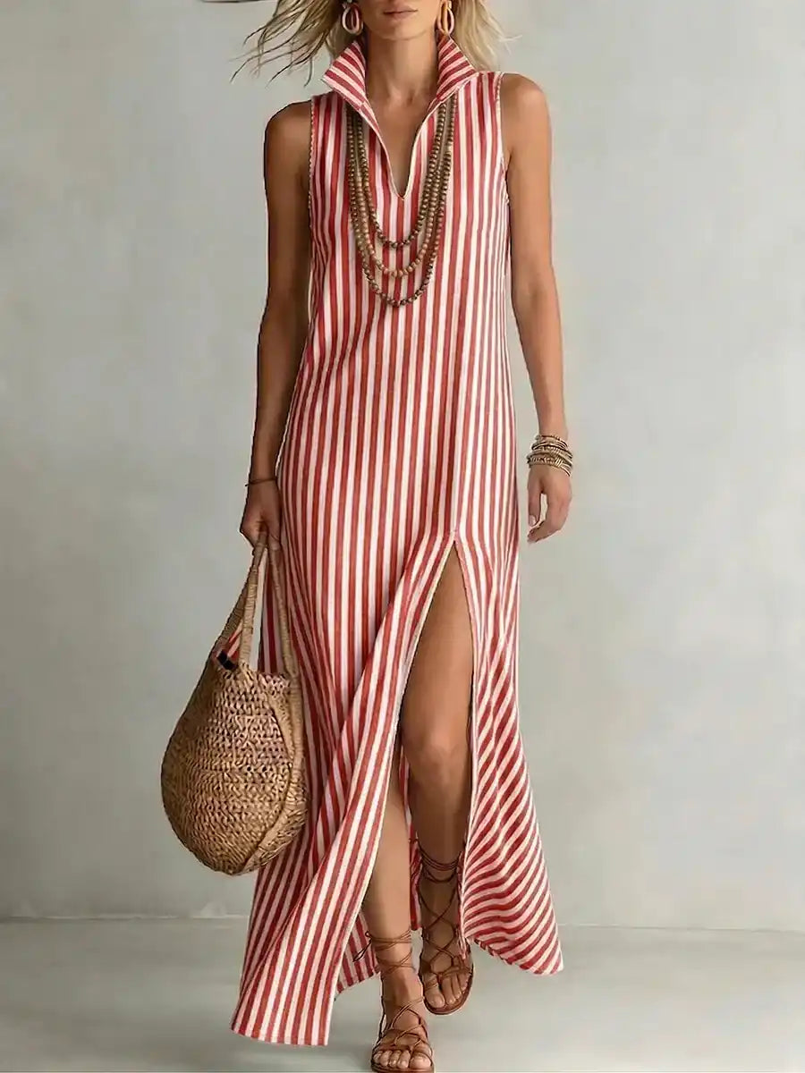 Stylish Classic Striped Stand-Collar Cotton-Linen Maxi Dress