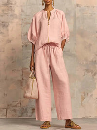 Pink linen blouse and wide-leg pants set for women, breathable fabric, relaxed fit, stylish plus size outfit