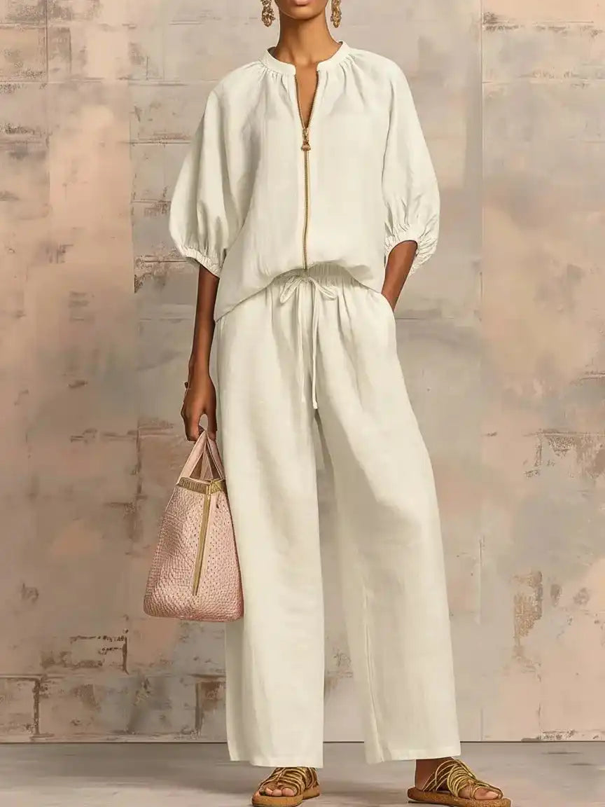 White linen blouse and wide-leg pants set for women, relaxed fit, breathable fabric, stylish plus size outfit