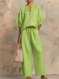 Lime green linen blouse and wide-leg pants set for women, relaxed fit, breathable fabric, stylish plus size outfit