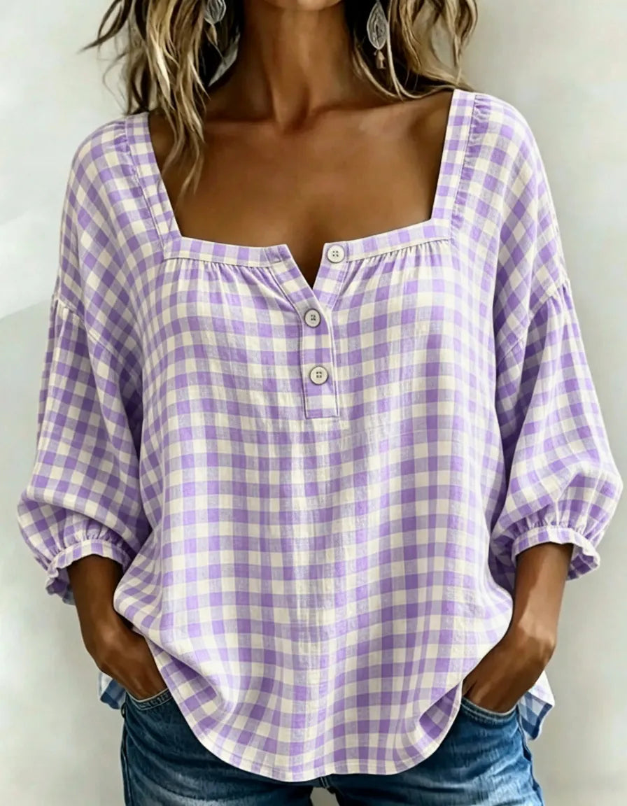 🌸Today 49% OFF🌸Women’s Cotton Linen Gingham Square-Neck Short-Sleeve Top