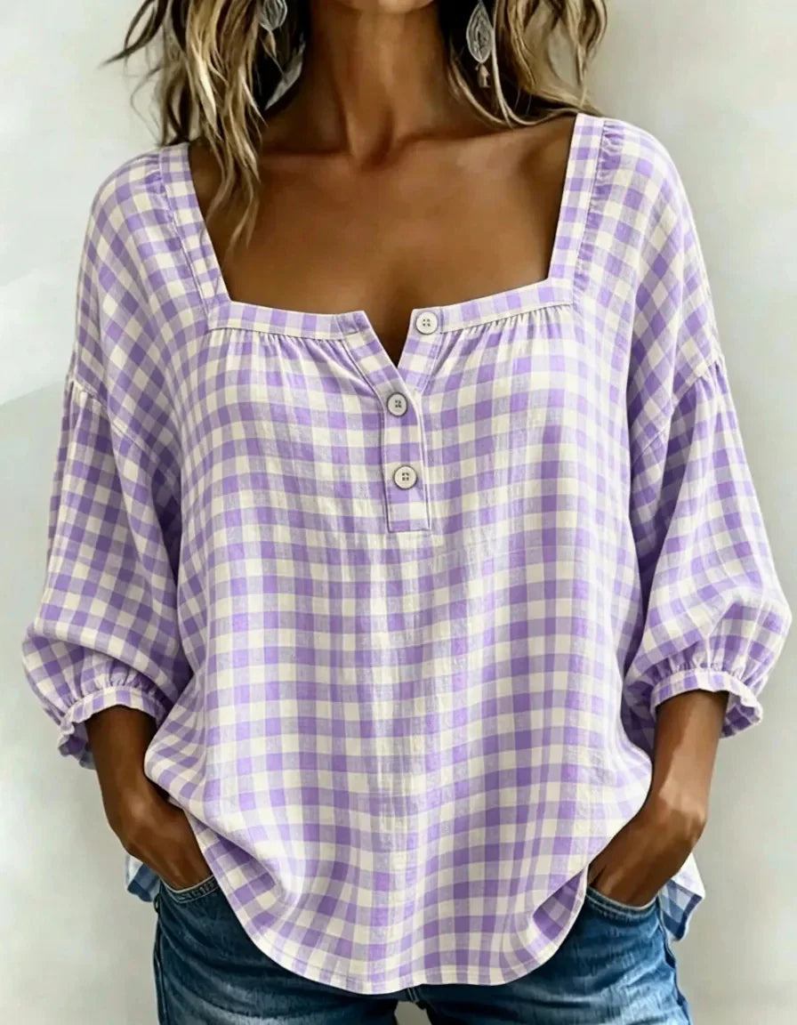 🌸Today 49% OFF🌸Women’s Cotton Linen Gingham Square-Neck Short-Sleeve Top