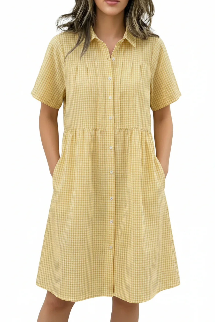 Today 49% off🔥Women’s Cotton Linen Gingham Button-Up Shirt Dress