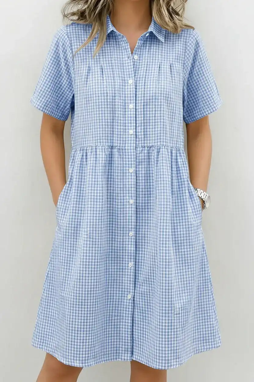 Women's Cotton Linen Gingham Button-Up Shirt Dress, Grey Edition