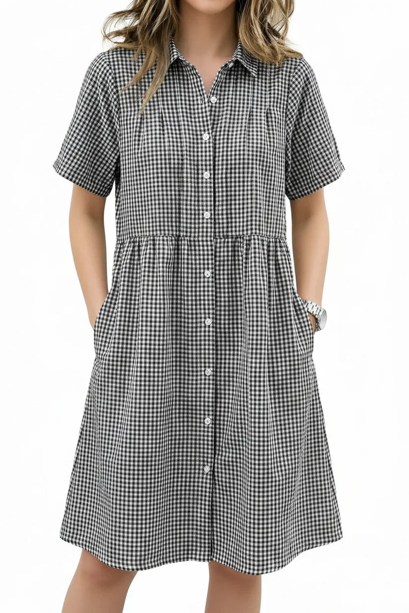 Today 49% off🔥Women’s Cotton Linen Gingham Button-Up Shirt Dress