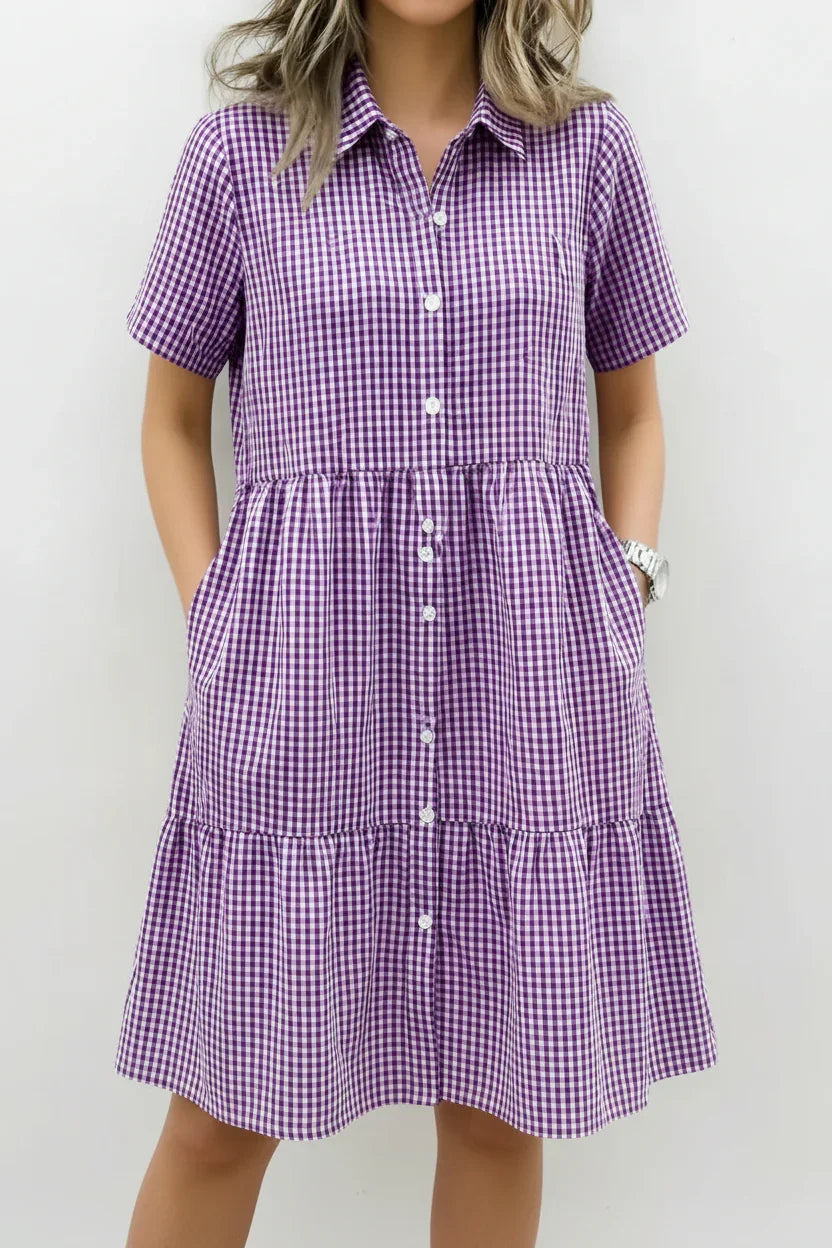 Today 49% off🔥Women’s Cotton Linen Gingham Button-Up Shirt Dress