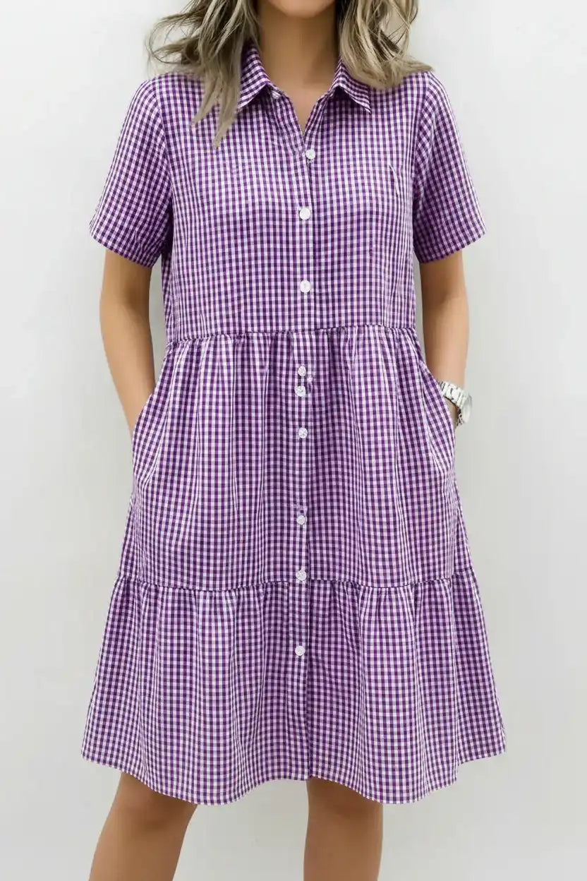 Women's Cotton Linen Gingham Button-Up Shirt Dress, Grey Edition