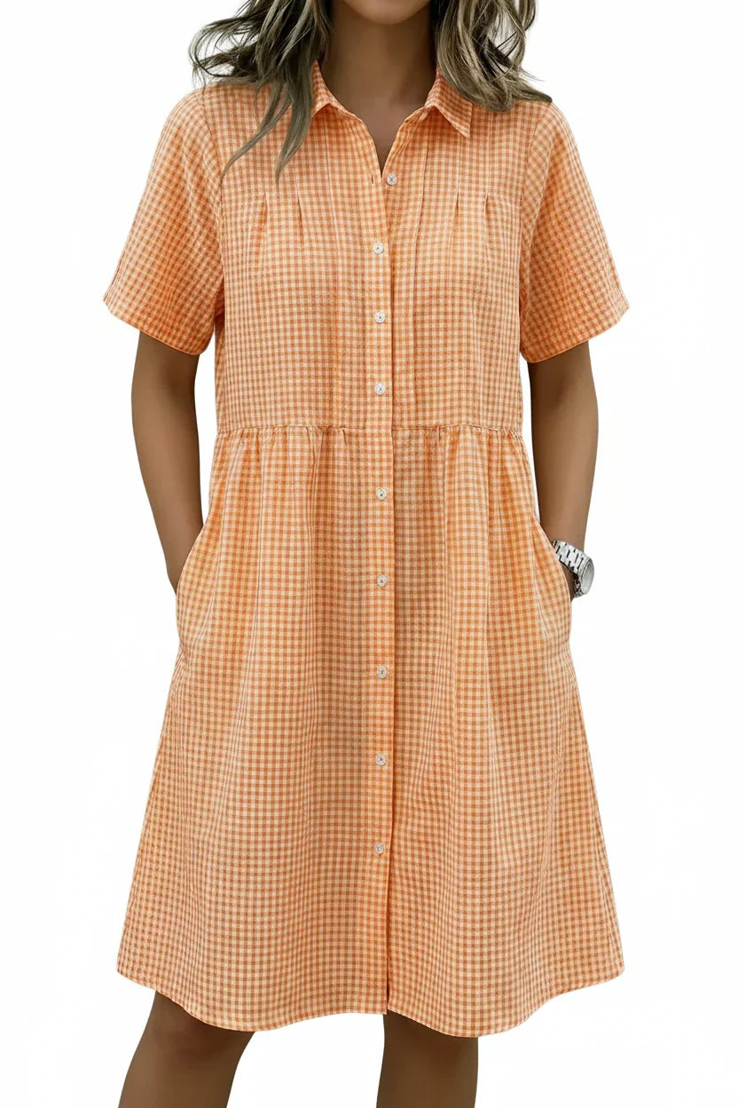 Today 49% off🔥Women’s Cotton Linen Gingham Button-Up Shirt Dress