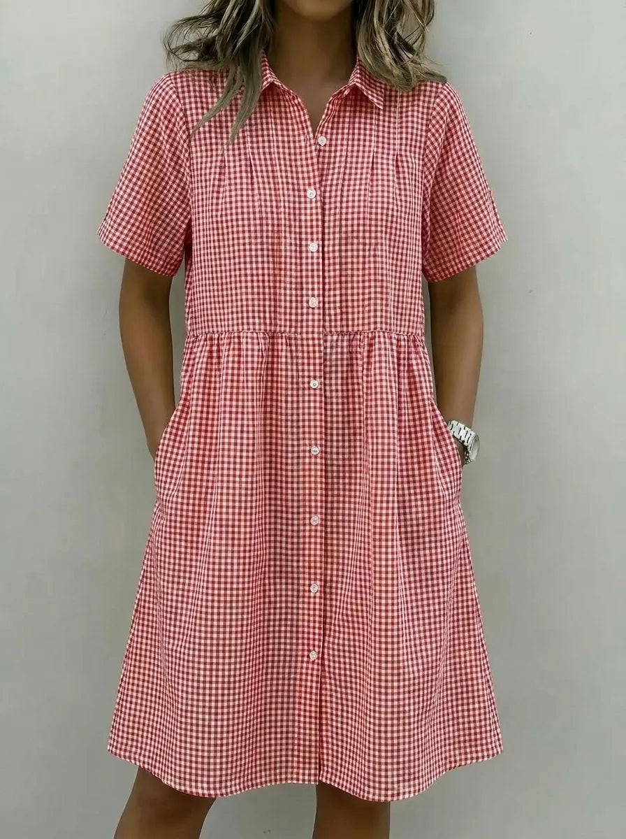 Today 49% off🔥Women’s Cotton Linen Gingham Button-Up Shirt Dress