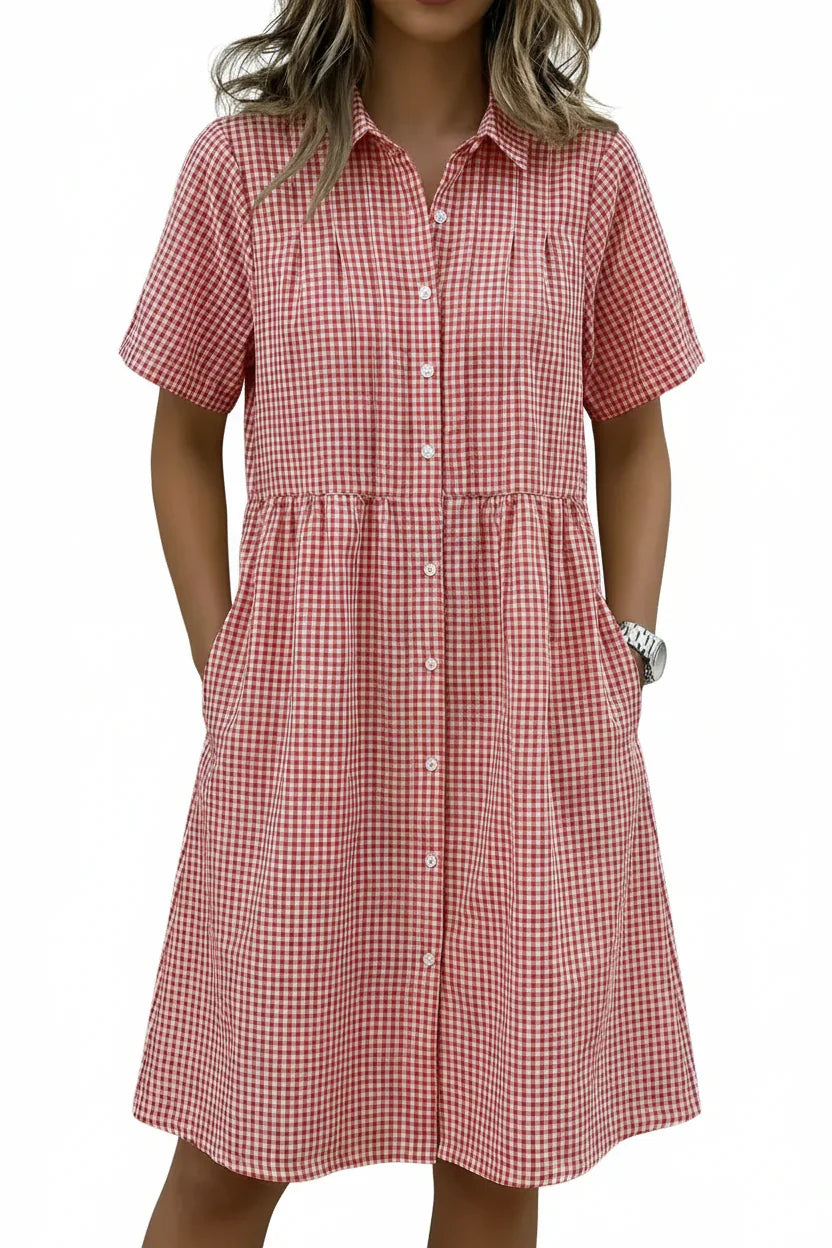Today 49% off🔥Women’s Cotton Linen Gingham Button-Up Shirt Dress