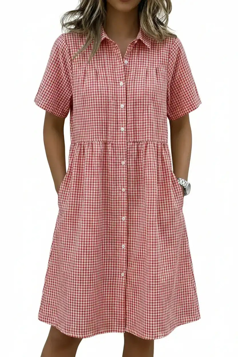 Women's Cotton Linen Gingham Button-Up Shirt Dress, Grey Edition