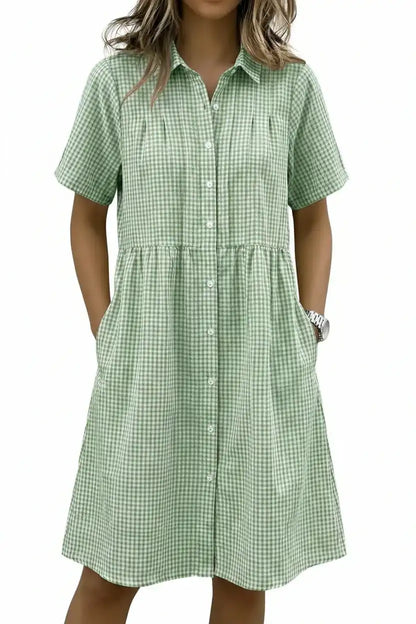 Women's Cotton Linen Gingham Button-Up Shirt Dress, Grey Edition