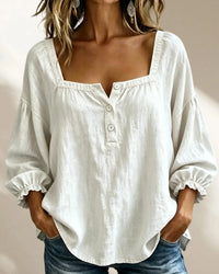 White square neck blouse with puff sleeves, relaxed fit for women, breathable fabric, stylish everyday top