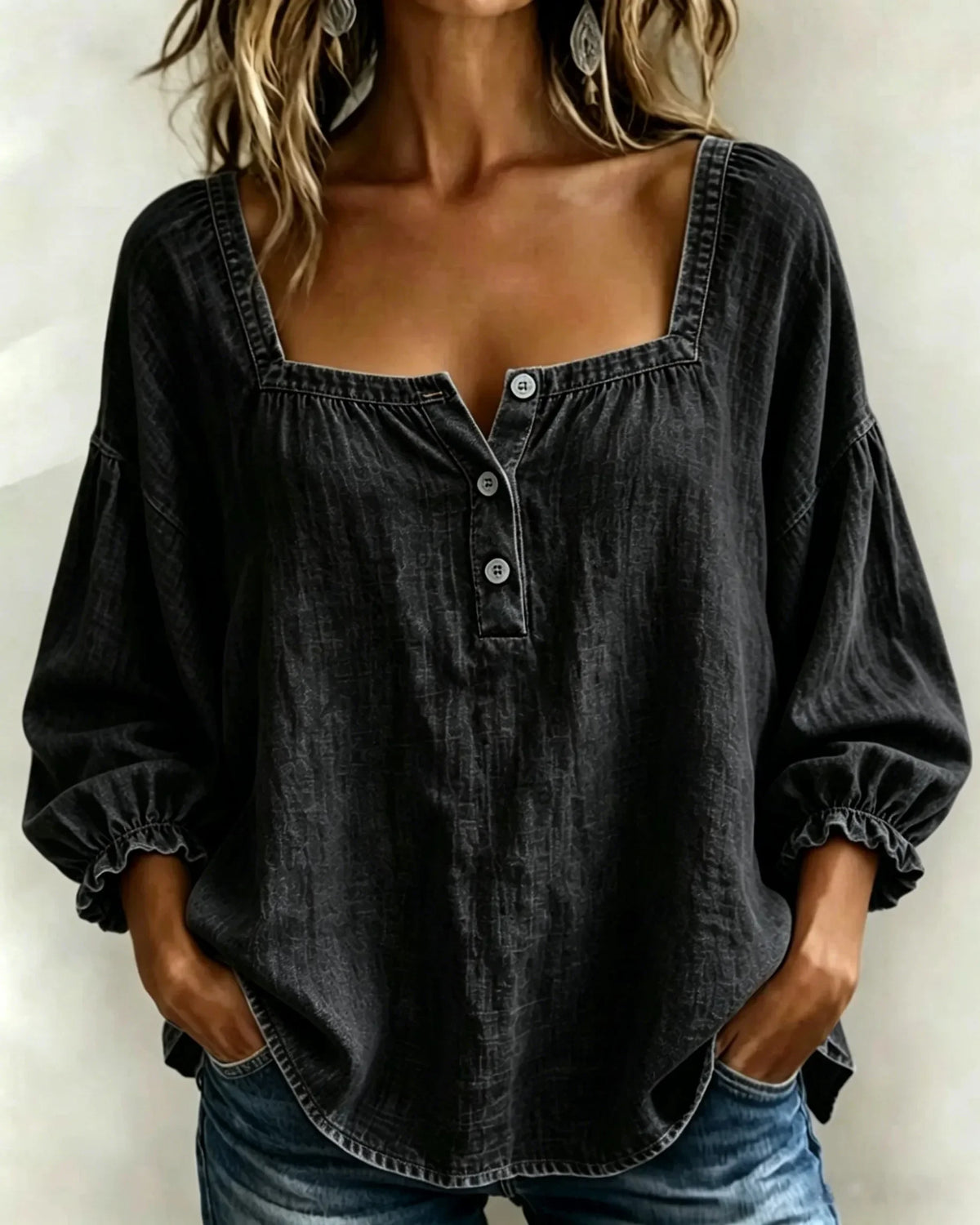 Black square neck blouse with puff sleeves, relaxed fit, button front, for sophisticated mature women