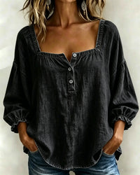 Black square neck blouse with puff sleeves, relaxed fit, button front, for sophisticated mature women