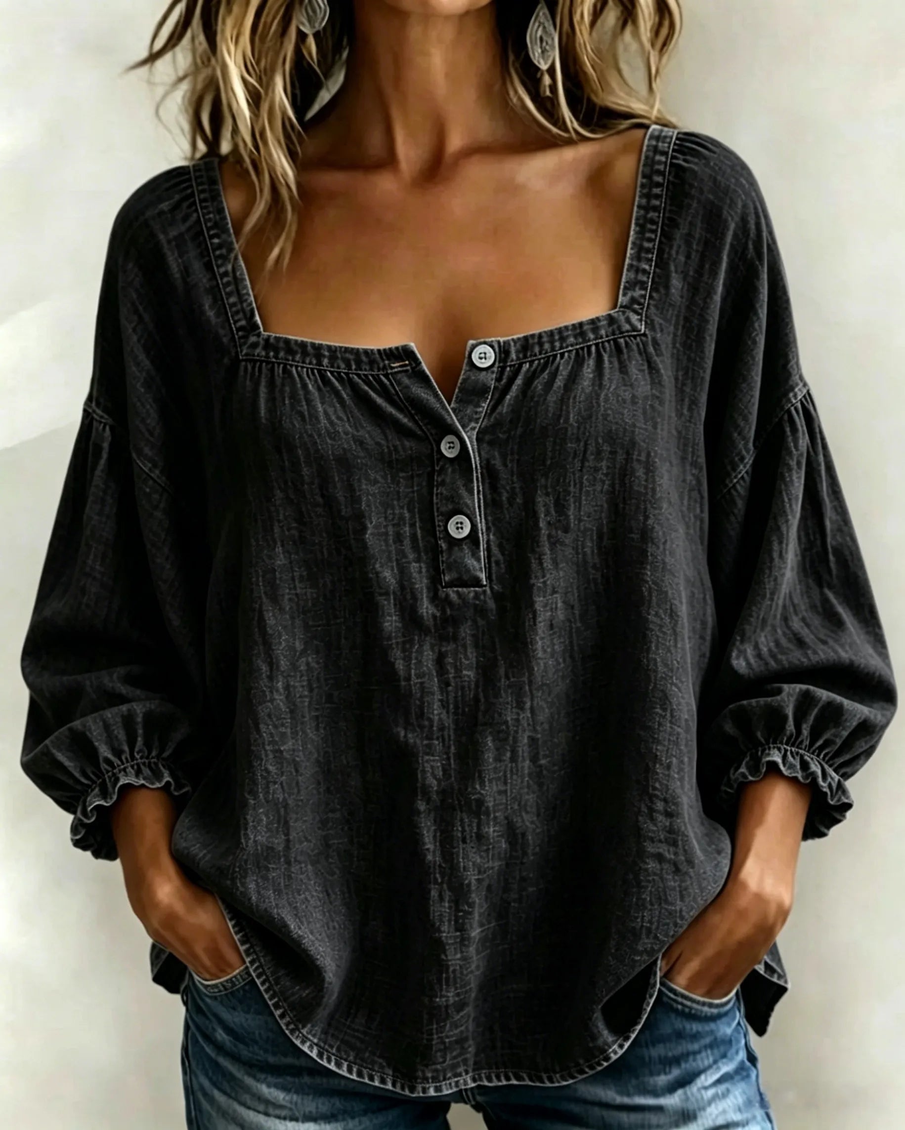Today 49% off🔥Women’s Denim Square-Neck Three-Quarter Sleeve Top