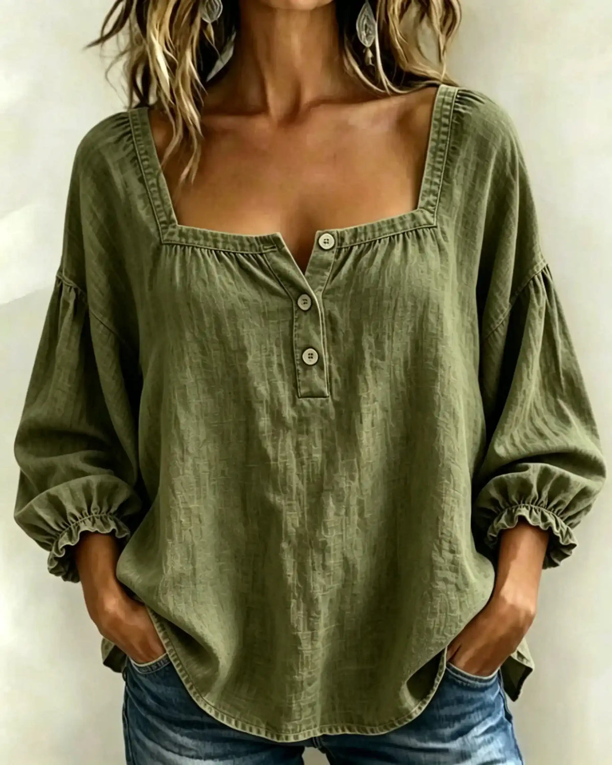 Olive green relaxed fit blouse with square neckline, button front, and ruffled sleeves for women