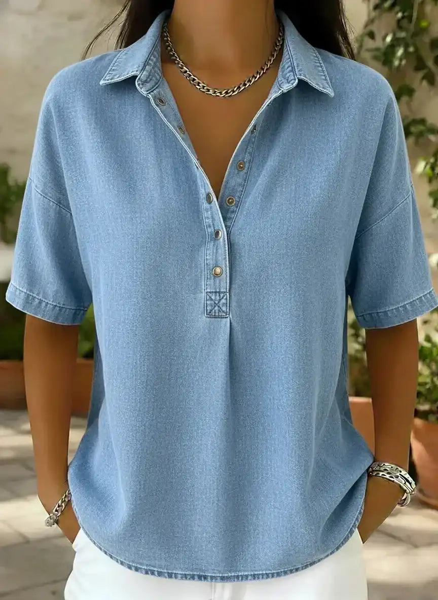 Women's Relaxed Denim-Style Button Detail Top, Brown Edition