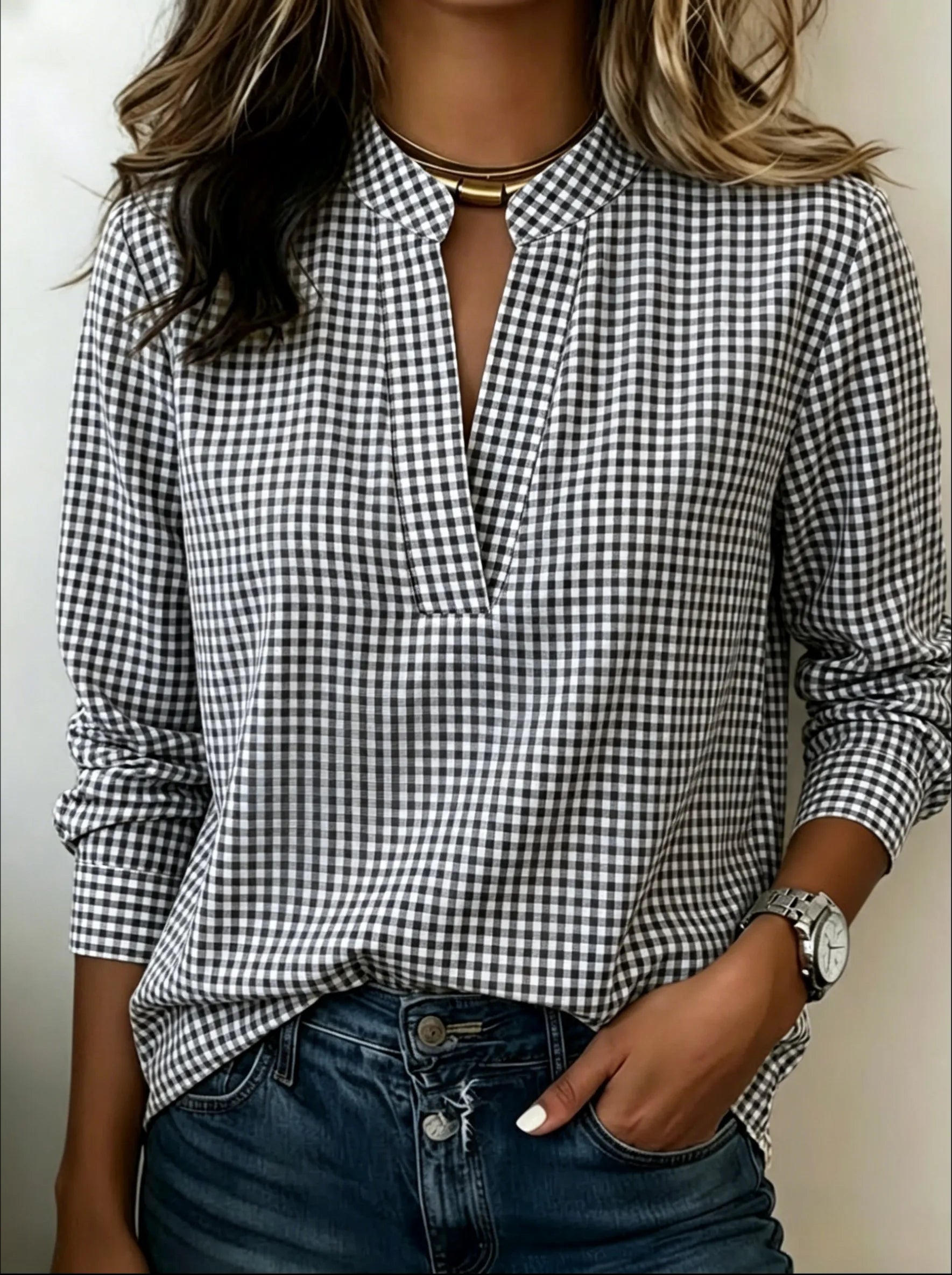 Today 50% Off🔥Women’s Classic Gingham Split V-Neck Blouse