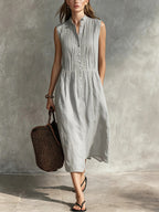 Women’s Casual Cotton-Linen Sleeveless Midi Dress