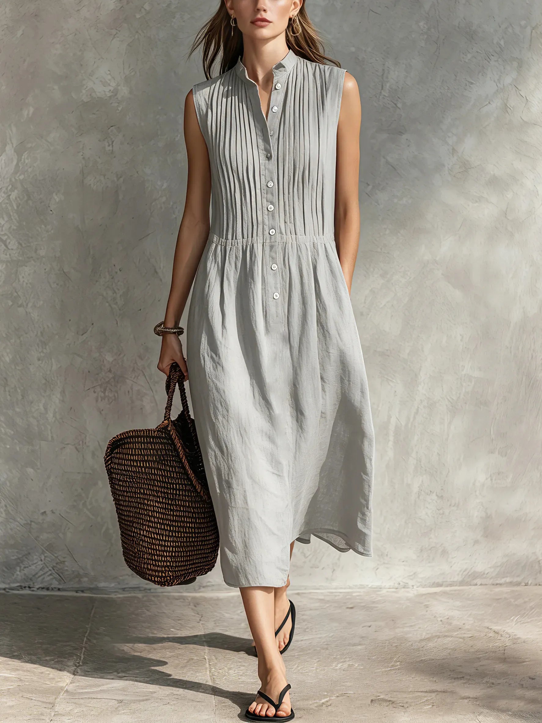 Women’s Casual Cotton-Linen Sleeveless Midi Dress