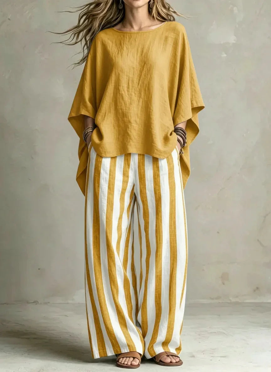 Women Relaxed Linen Stripe Wide-Leg Set