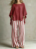 Women Relaxed Linen Stripe Wide-Leg Set