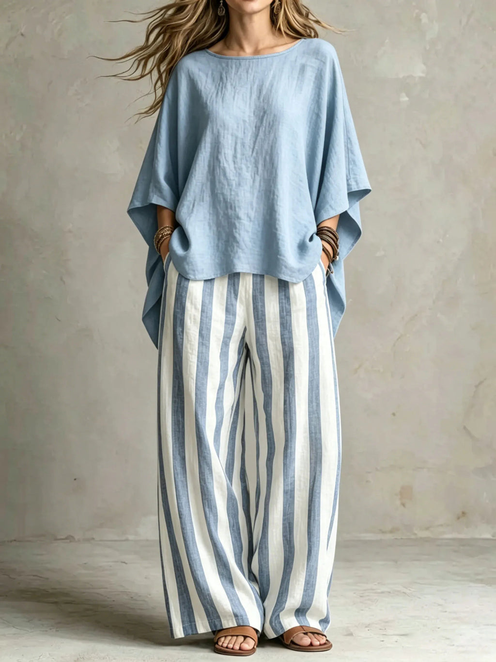 Women Relaxed Linen Stripe Wide-Leg Set