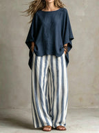 Women Relaxed Linen Stripe Wide-Leg Set