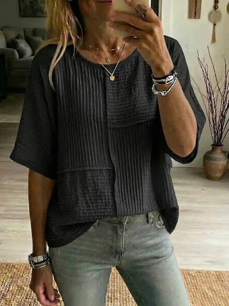 Women'S Casual Daily Special Texture Fabric Splicing Cotton And Linen Half Sleeved Top