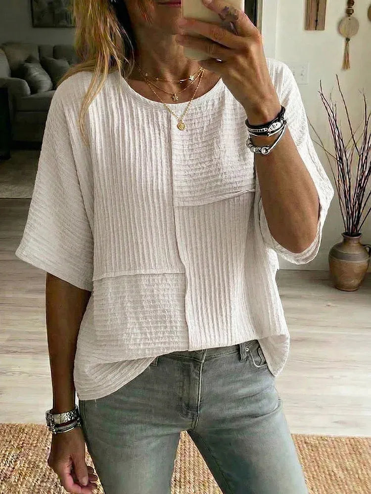 Women'S Casual Daily Special Texture Fabric Splicing Cotton And Linen Half Sleeved Top