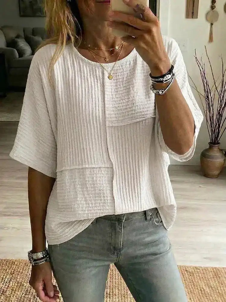 Women'S Casual Daily Special Texture Fabric Splicing Cotton And Linen Half Sleeved Top