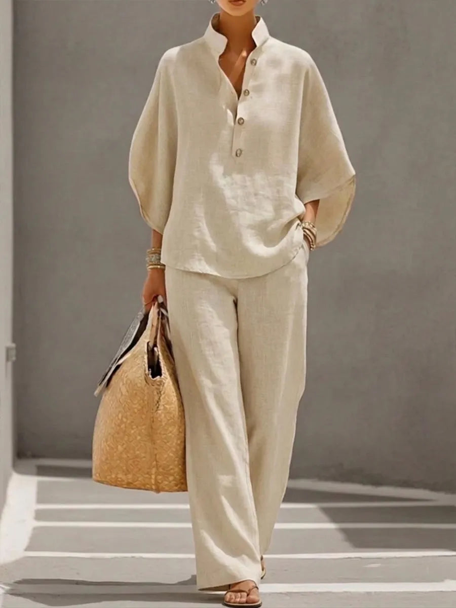 Women’s Batwing Sleeve Linen Cotton Two-Piece Set – Casual Shirt & Wide Leg Pants Outfit (Plus Size Friendly)