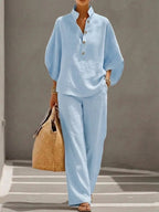 Women’s Batwing Sleeve Linen Cotton Two-Piece Set – Casual Shirt & Wide Leg Pants Outfit (Plus Size Friendly)