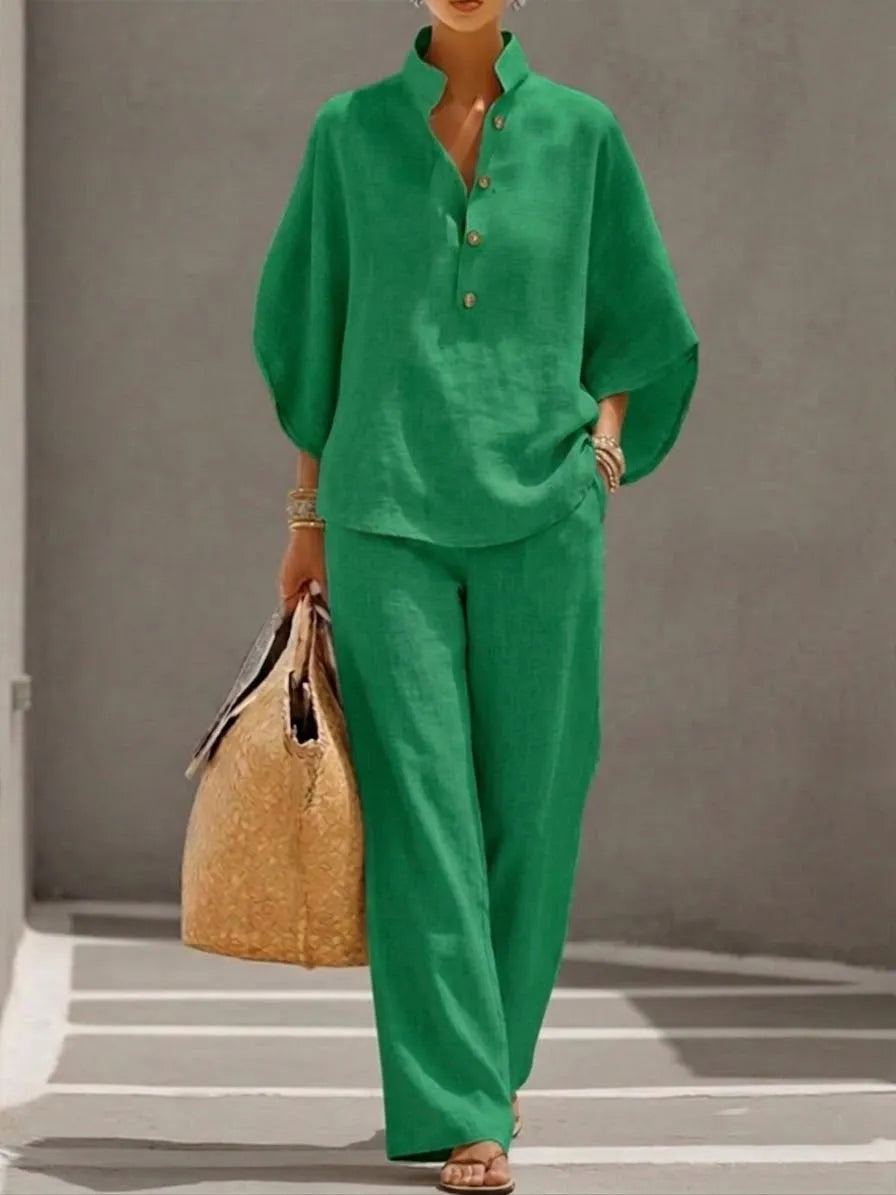 Women’s Batwing Sleeve Linen Cotton Two-Piece Set – Casual Shirt & Wide Leg Pants Outfit (Plus Size Friendly)