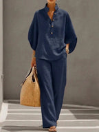Women’s Batwing Sleeve Linen Cotton Two-Piece Set – Casual Shirt & Wide Leg Pants Outfit (Plus Size Friendly)